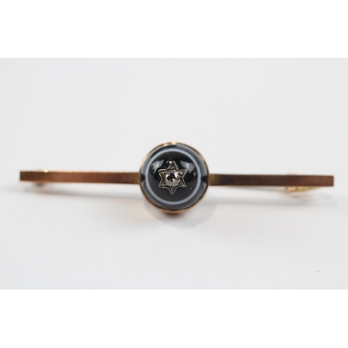 131 - 9ct Gold Antique Bull Eye Agate & Old Cut Diamond Bar Brooch With Base Metal Pin (4.4g)