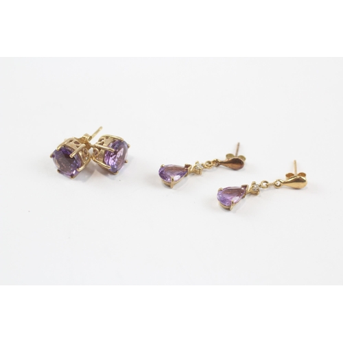 14 - 3 X 9ct Gold Amethyst Drop Earrings Inc. Diamond (3.5g)