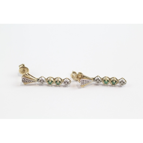 152 - 9ct Gold Diamond & Emerald Drop Earrings (1.9g)