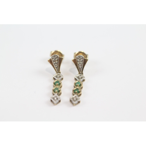 152 - 9ct Gold Diamond & Emerald Drop Earrings (1.9g)