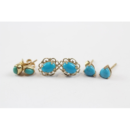 16 - 3 X 9ct Gold Turquoise & Faux Turquoise Drop Earrings (2.6g)