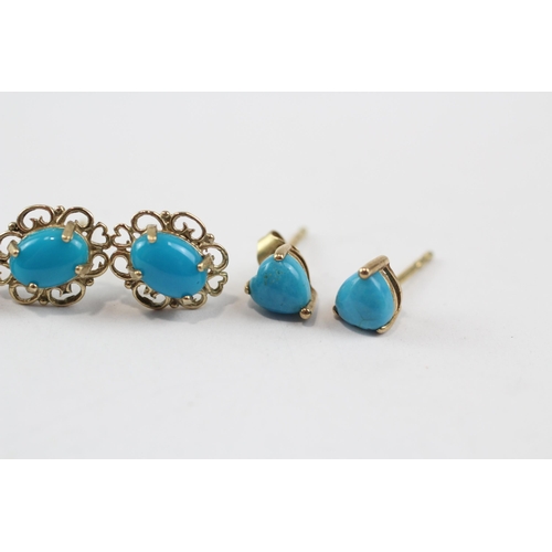 16 - 3 X 9ct Gold Turquoise & Faux Turquoise Drop Earrings (2.6g)