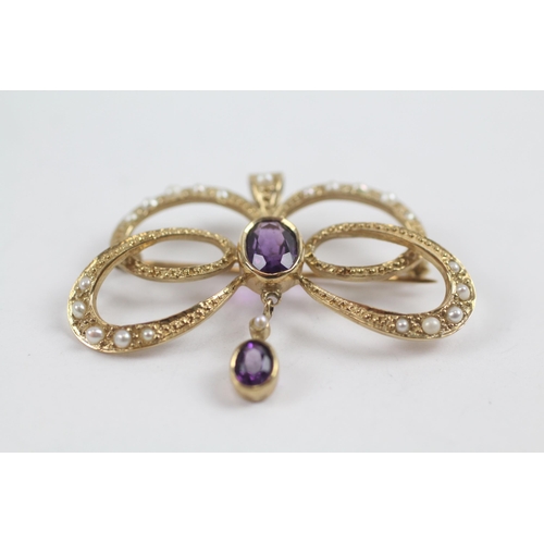 162 - 9ct Gold Vintage Amethyst And Seed Pearl Set Pendant/Brooch (4.1g)