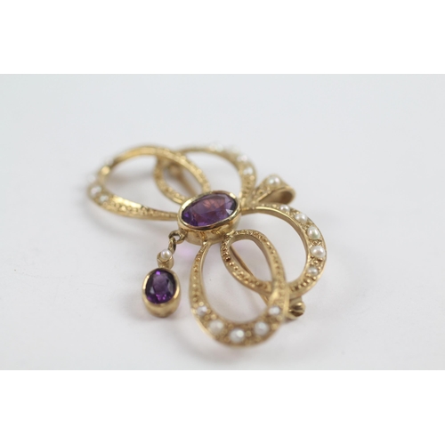 162 - 9ct Gold Vintage Amethyst And Seed Pearl Set Pendant/Brooch (4.1g)