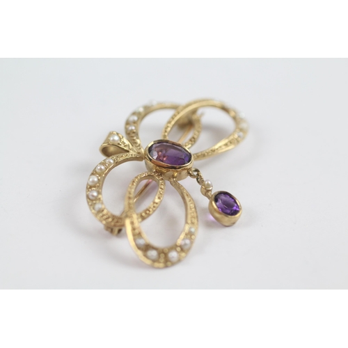 162 - 9ct Gold Vintage Amethyst And Seed Pearl Set Pendant/Brooch (4.1g)