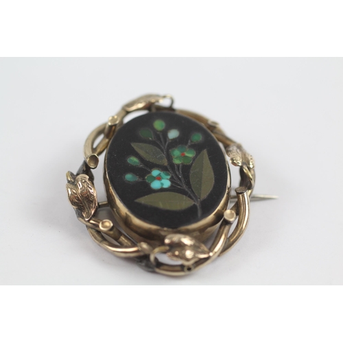 163 - 9ct Gold Framed Victorian Pietra Dura Multi-Gemstone Set Brooch (13.3g)