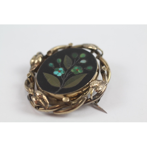 163 - 9ct Gold Framed Victorian Pietra Dura Multi-Gemstone Set Brooch (13.3g)