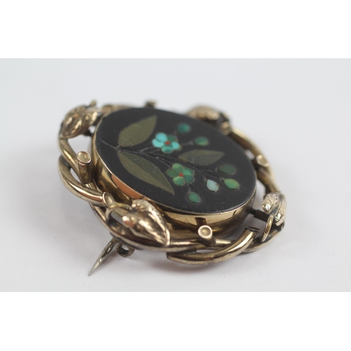 163 - 9ct Gold Framed Victorian Pietra Dura Multi-Gemstone Set Brooch (13.3g)