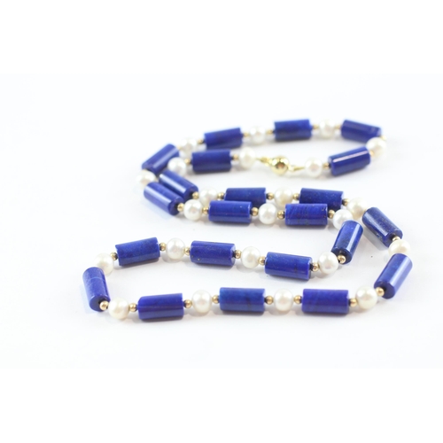 166 - 14ct Gold Vintage Lapis Lazuli And Cultured Pearl Strung Necklace (27.8g)