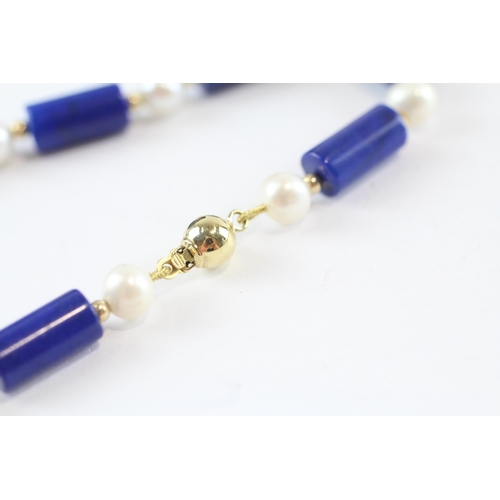 166 - 14ct Gold Vintage Lapis Lazuli And Cultured Pearl Strung Necklace (27.8g)