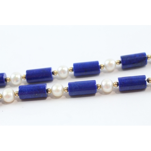 166 - 14ct Gold Vintage Lapis Lazuli And Cultured Pearl Strung Necklace (27.8g)