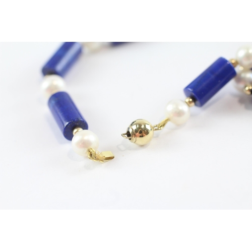 166 - 14ct Gold Vintage Lapis Lazuli And Cultured Pearl Strung Necklace (27.8g)
