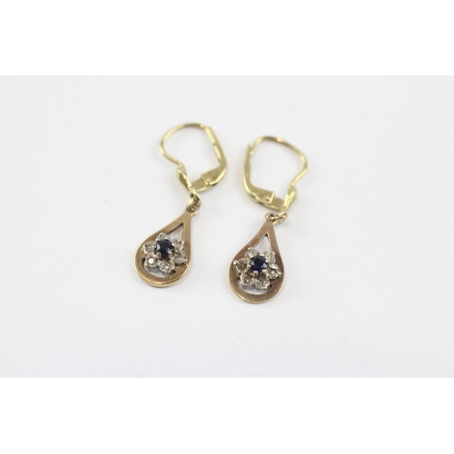 180 - 9ct Gold Vintage Diamond And Sapphire Set Cluster Drop Earrings (2.8G)