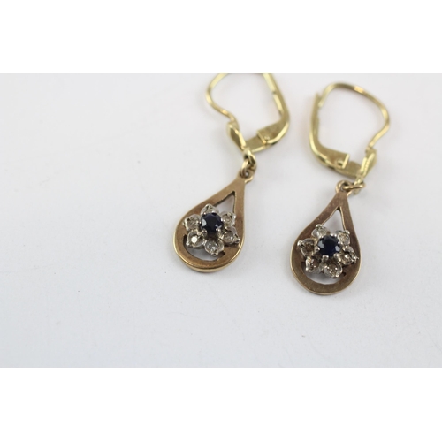 180 - 9ct Gold Vintage Diamond And Sapphire Set Cluster Drop Earrings (2.8G)