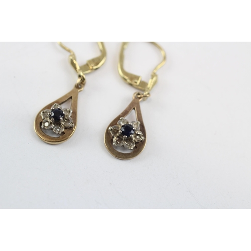180 - 9ct Gold Vintage Diamond And Sapphire Set Cluster Drop Earrings (2.8G)