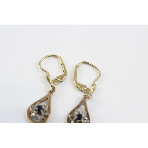 180 - 9ct Gold Vintage Diamond And Sapphire Set Cluster Drop Earrings (2.8G)