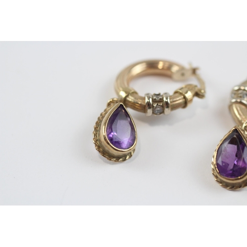 3 - 9ct Gold Amethyst And Diamond Set Drop Hoop Earrings (4.8g)