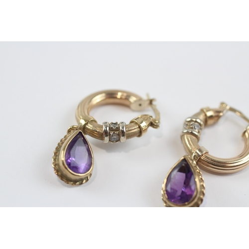3 - 9ct Gold Amethyst And Diamond Set Drop Hoop Earrings (4.8g)