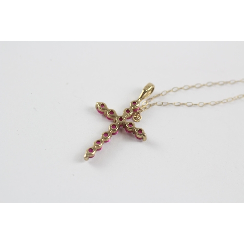 35 - 9ct Gold Vintage Ruby Set Christian Cross Pendant Necklace (1.4g)