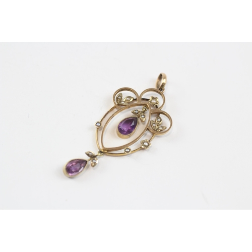 50 - 9ct Gold Antique Amethyst & Seed Pearl Openwork Floral Pendant (2.7g)