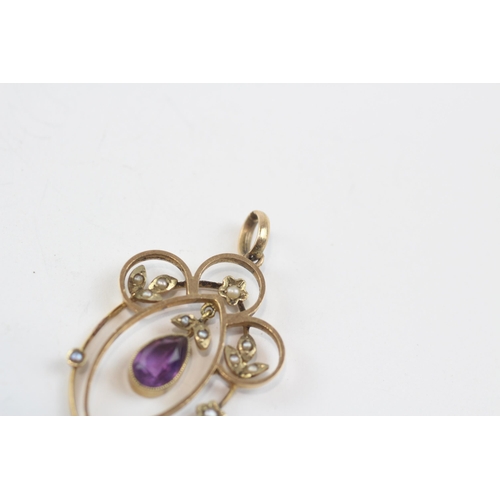 50 - 9ct Gold Antique Amethyst & Seed Pearl Openwork Floral Pendant (2.7g)