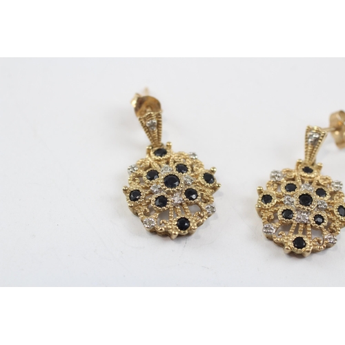 54 - 9ct Gold Diamond & Sapphire Cluster Drop Earrings (3.5g)