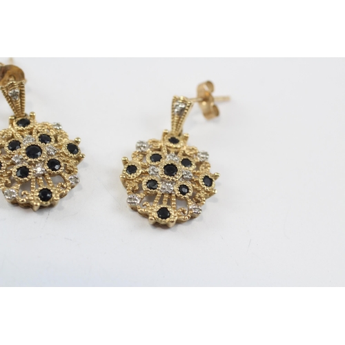 54 - 9ct Gold Diamond & Sapphire Cluster Drop Earrings (3.5g)