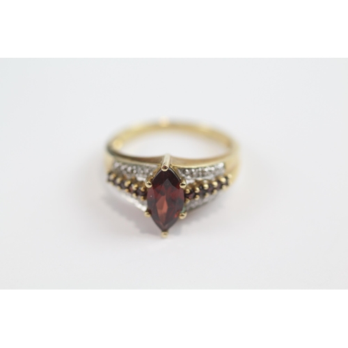 62 - 9ct Gold Diamond And Garnet Accented Marquise Cut Garnet Set Dress Ring (3.5g) Size  N