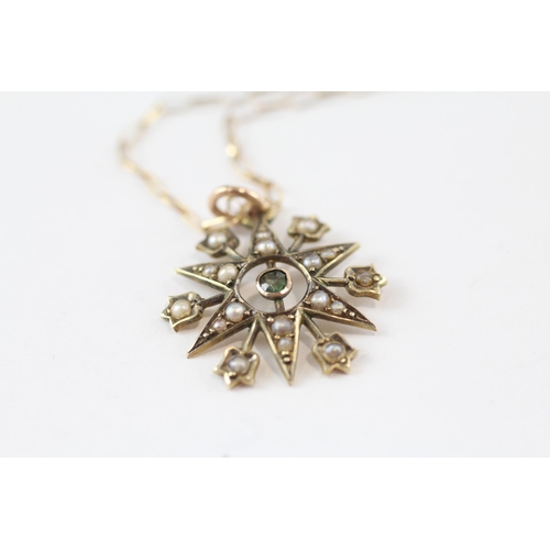 76 - 9ct Gold Victorian Green Paste And Seed Pearl Starburst Pendant Necklace (1.4g)