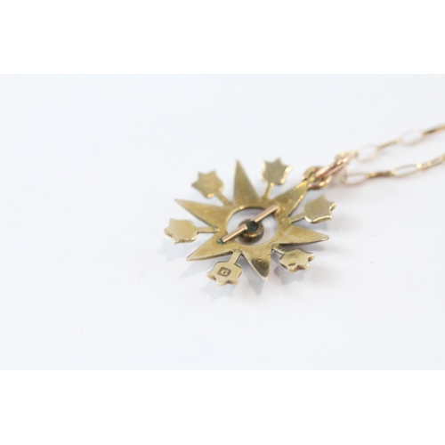 76 - 9ct Gold Victorian Green Paste And Seed Pearl Starburst Pendant Necklace (1.4g)