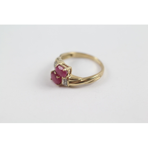 77 - 9ct Gold Vintage Diamond Accented Synthetic Ruby Bypass Ring (2.2g) Size  J 1/2