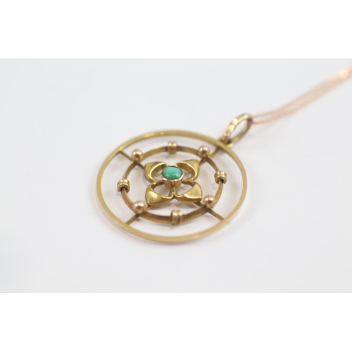 79 - 9ct Rose Gold Victorian Turquoise Set Quatrefoil Target Pendant Necklace (2.1g)