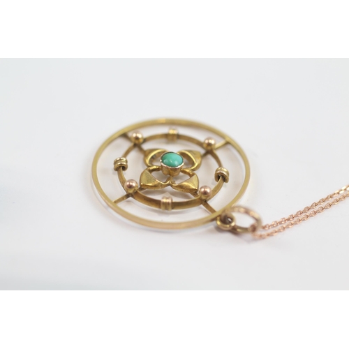 79 - 9ct Rose Gold Victorian Turquoise Set Quatrefoil Target Pendant Necklace (2.1g)