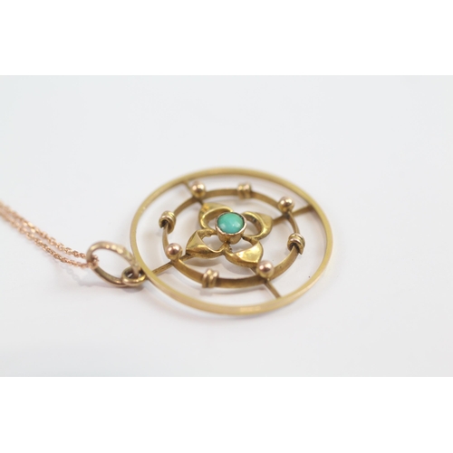 79 - 9ct Rose Gold Victorian Turquoise Set Quatrefoil Target Pendant Necklace (2.1g)