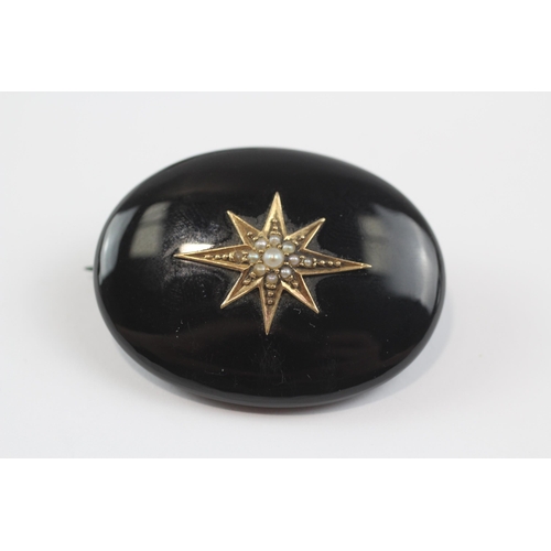 8 - 9ct Gold Antique Onyx And Seed Pearl Starburst Detail Hidden Locket Mourning Brooch (17.7g)