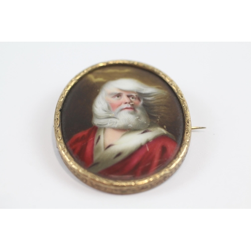 83 - 18ct Gold Victorian Frame Enamel Portrait Of St Nicholas / Santa Claus - 9ct Pin (11.3g)