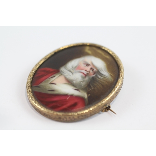 83 - 18ct Gold Victorian Frame Enamel Portrait Of St Nicholas / Santa Claus - 9ct Pin (11.3g)