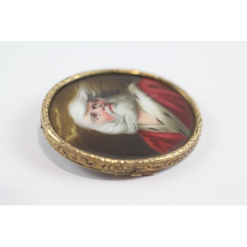 83 - 18ct Gold Victorian Frame Enamel Portrait Of St Nicholas / Santa Claus - 9ct Pin (11.3g)