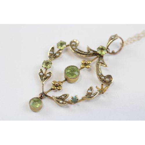 89 - 9ct Gold Edwardian Seed Pearl And Peridot Set Pendant Necklace - As Seen (2.2g)