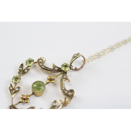 89 - 9ct Gold Edwardian Seed Pearl And Peridot Set Pendant Necklace - As Seen (2.2g)