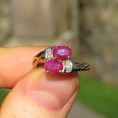 77 - 9ct Gold Vintage Diamond Accented Synthetic Ruby Bypass Ring (2.2g) Size  J 1/2