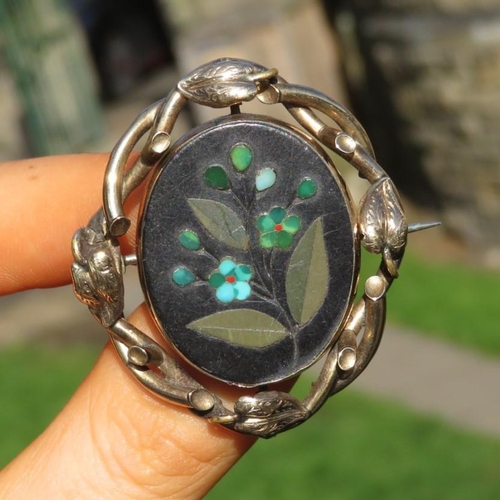 163 - 9ct Gold Framed Victorian Pietra Dura Multi-Gemstone Set Brooch (13.3g)