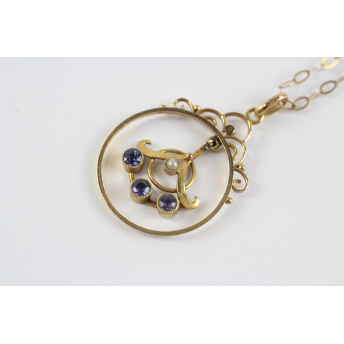 1 - 9ct Gold Antique Sapphire & Seed Pearl Openwork Pendant Necklace (2.8g)