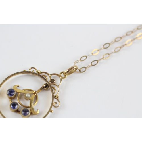 1 - 9ct Gold Antique Sapphire & Seed Pearl Openwork Pendant Necklace (2.8g)