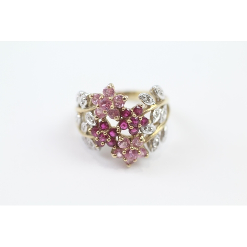 107 - 9ct Gold Diamond, Ruby & Pink Sapphire Floral Cluster Ring (4.2g) Size  K