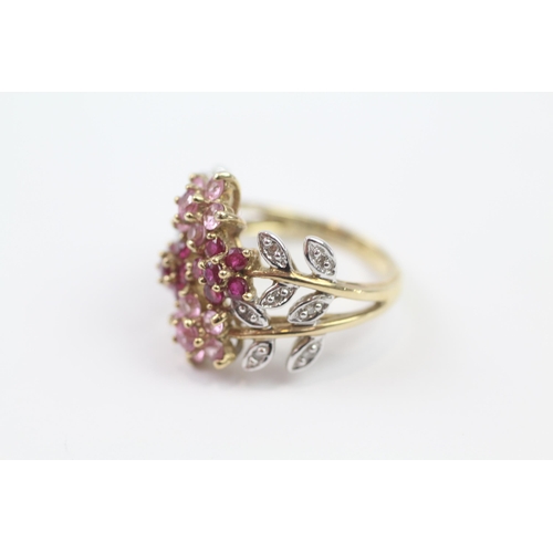 107 - 9ct Gold Diamond, Ruby & Pink Sapphire Floral Cluster Ring (4.2g) Size  K