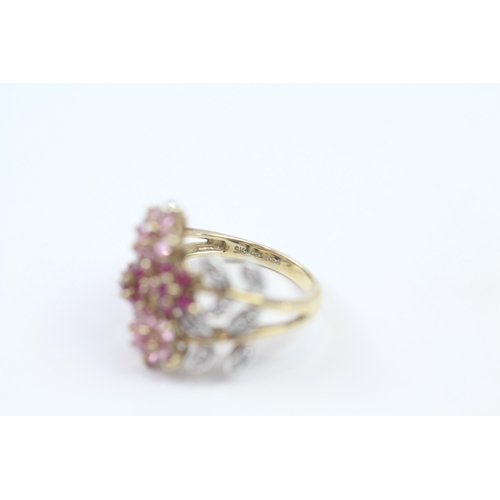 107 - 9ct Gold Diamond, Ruby & Pink Sapphire Floral Cluster Ring (4.2g) Size  K