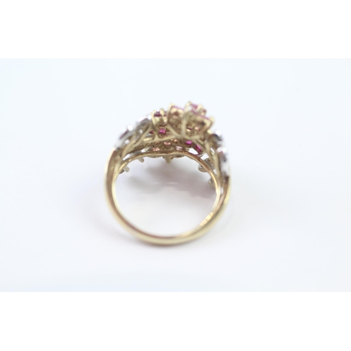 107 - 9ct Gold Diamond, Ruby & Pink Sapphire Floral Cluster Ring (4.2g) Size  K