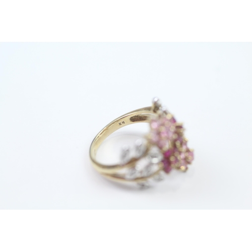 107 - 9ct Gold Diamond, Ruby & Pink Sapphire Floral Cluster Ring (4.2g) Size  K