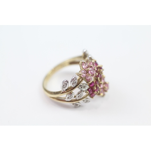 107 - 9ct Gold Diamond, Ruby & Pink Sapphire Floral Cluster Ring (4.2g) Size  K